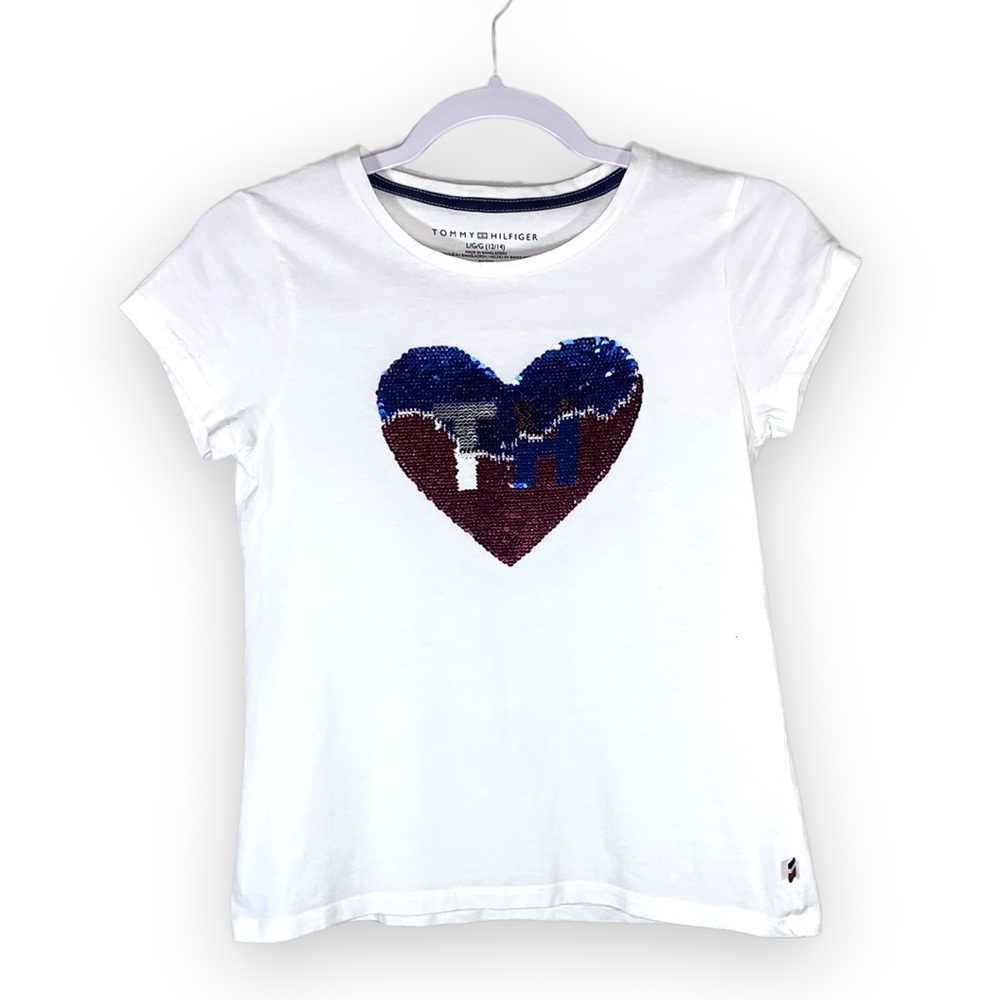 Tommy Hilfiger Sequin Heart TH White Short Sleeve T Shirt size Large Girls